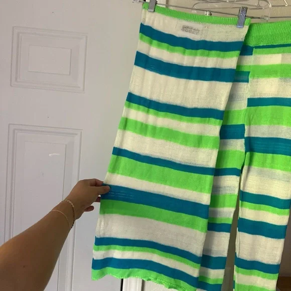 New SINEAD GOREY green white blue striped crochet stretch dress skirt pant set